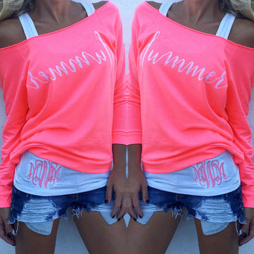Off-shoulder Long Sleeves Letter Flower Print Blouse