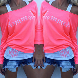 Off-shoulder Long Sleeves Letter Flower Print Blouse