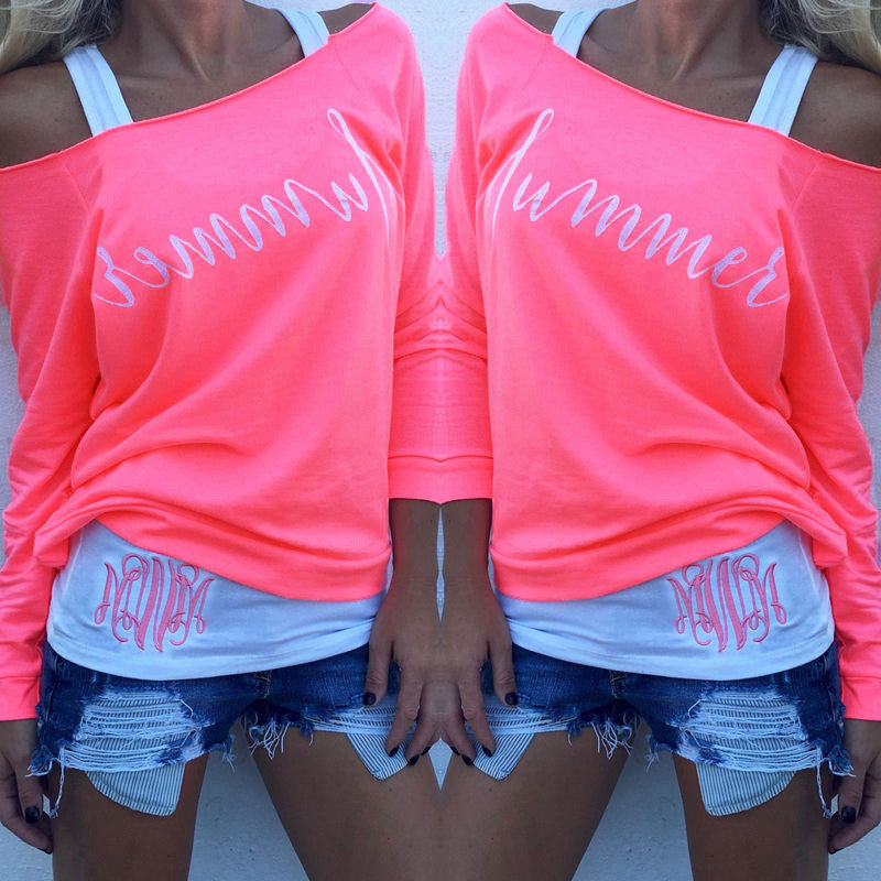 Off-shoulder Long Sleeves Letter Flower Print Blouse