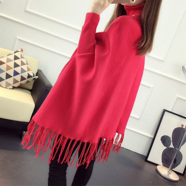 Fashion High Neck Tassel Cloak Sweater