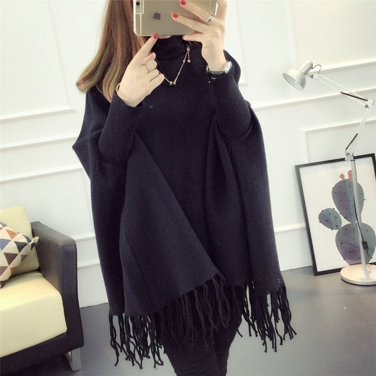 Fashion High Neck Tassel Cloak Sweater