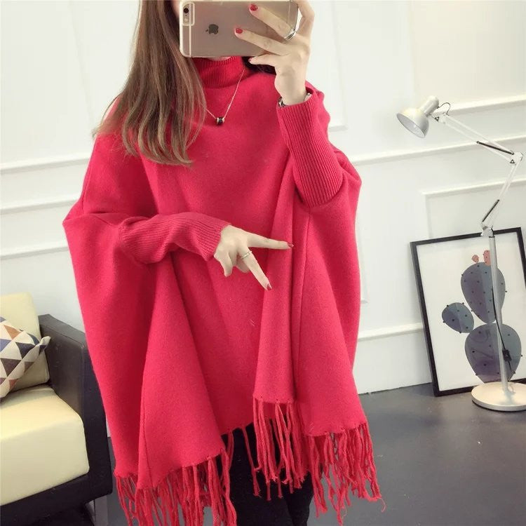 Fashion High Neck Tassel Cloak Sweater