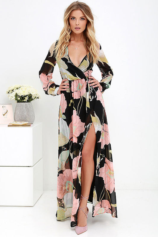 Sex V-neck Print Irregular Long Dress