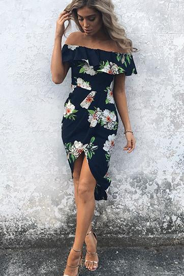Floral Print Ruffle Off Shoulder Boat Neckline Irregular Short Dress