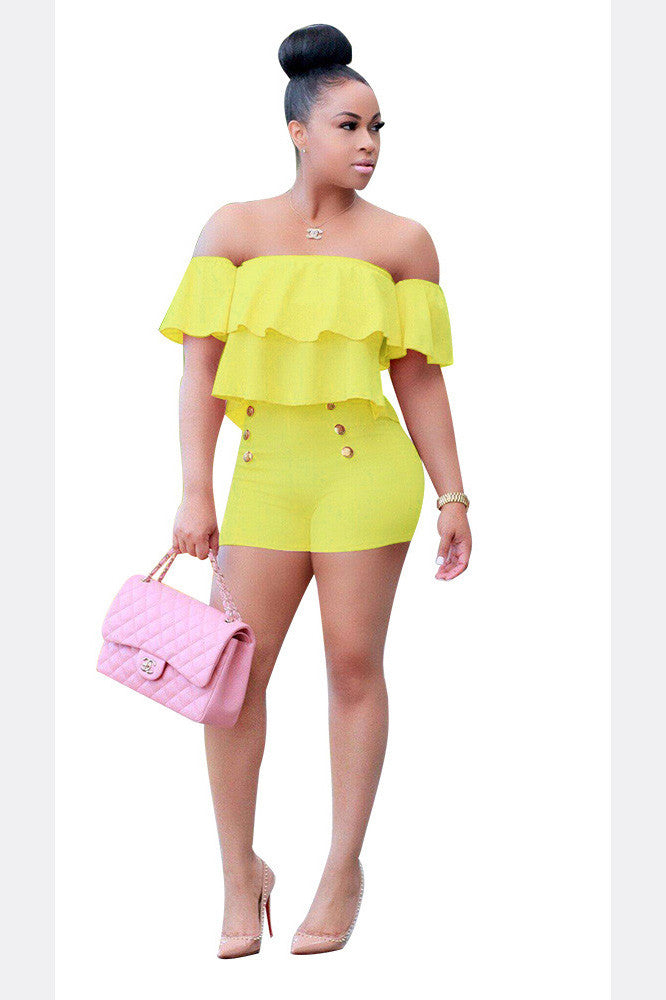 Pure Color Ruffles Strapless Short Sleeves Short Jumpsuit