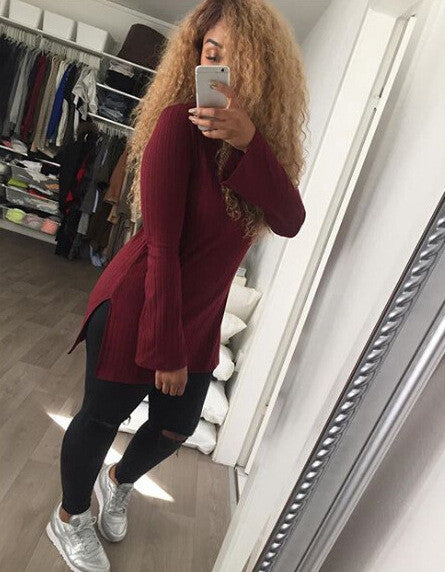 High-neck Split Solid Knit Long Sweater