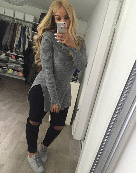 High-neck Split Solid Knit Long Sweater