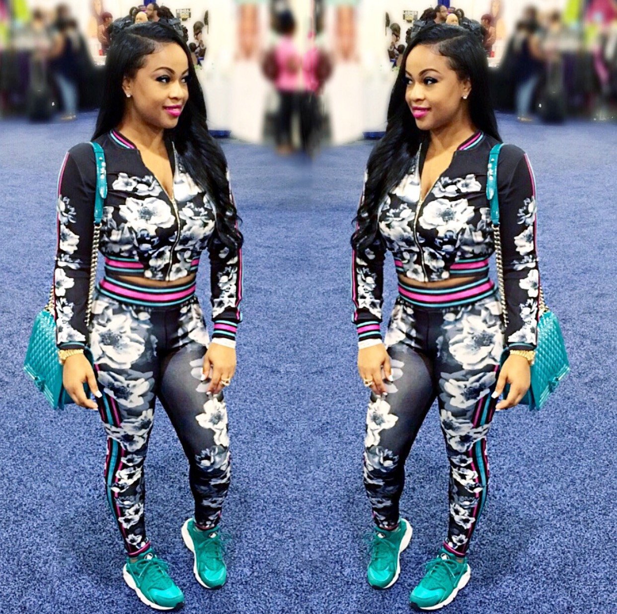 Flower Print Crop Top Coat with Skinny Pants Two Pieces Set