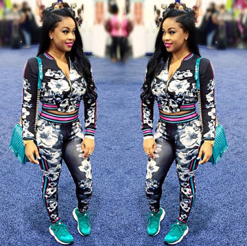 Flower Print Crop Top Coat with Skinny Pants Two Pieces Set