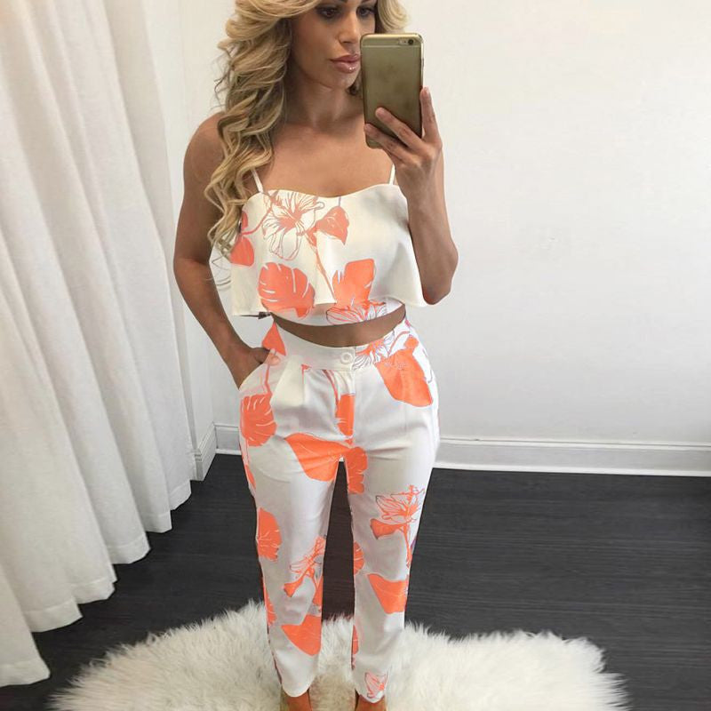 Strap Crop Top 9/10 Pant Flower Print Two Pieces Set
