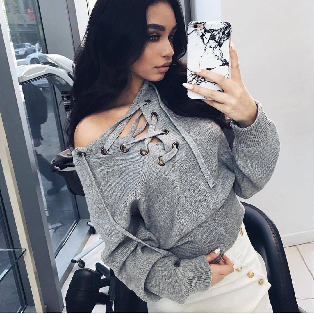 Sexy Deep V Off-Shoulder Lace Up Sweater