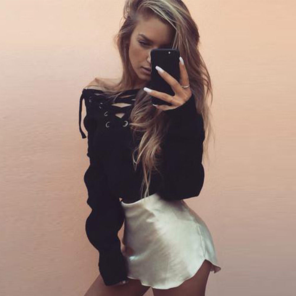 Sexy Deep V Off-Shoulder Lace Up Sweater