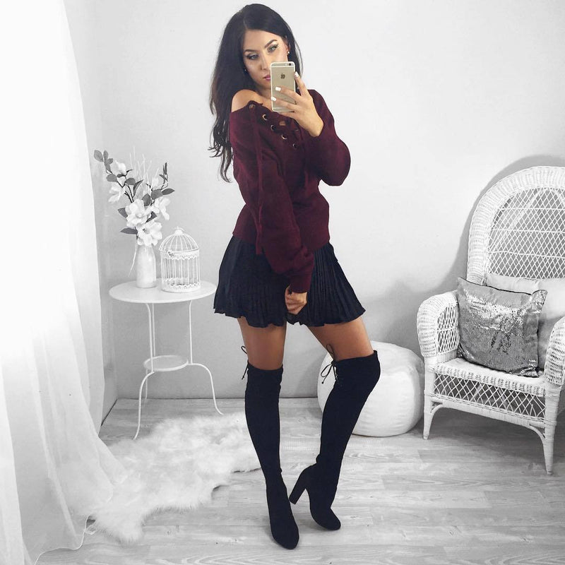 Sexy Deep V Off-Shoulder Lace Up Sweater