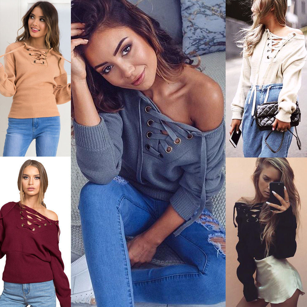Sexy Deep V Off-Shoulder Lace Up Sweater