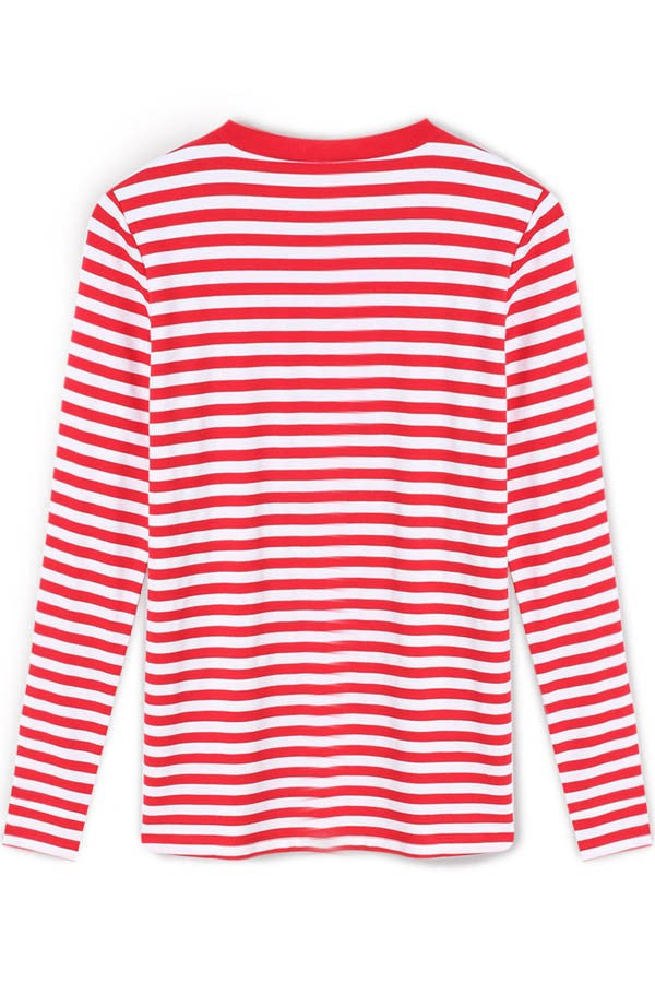 Red White Stripe Scoop Long Sleeve Loose T-shirt