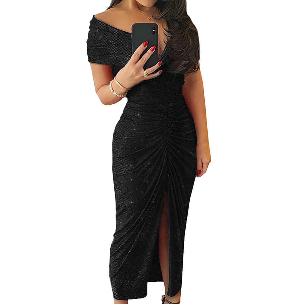 Off Shoulder Sequin Ruched Dress
