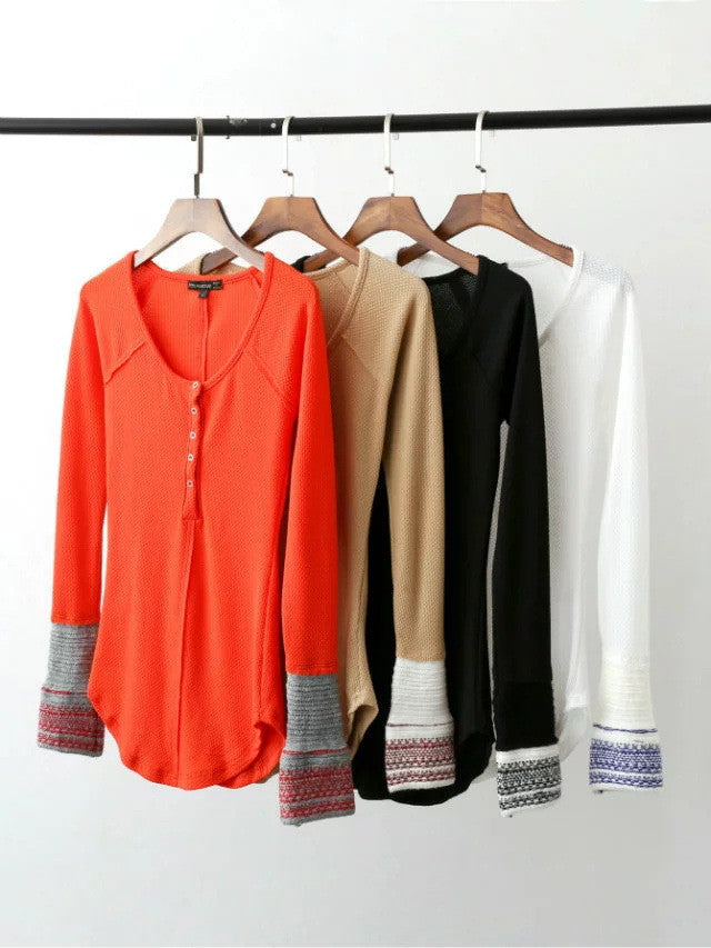 Cuff Decorative Buttons Knit Irregular Slim T-shirts