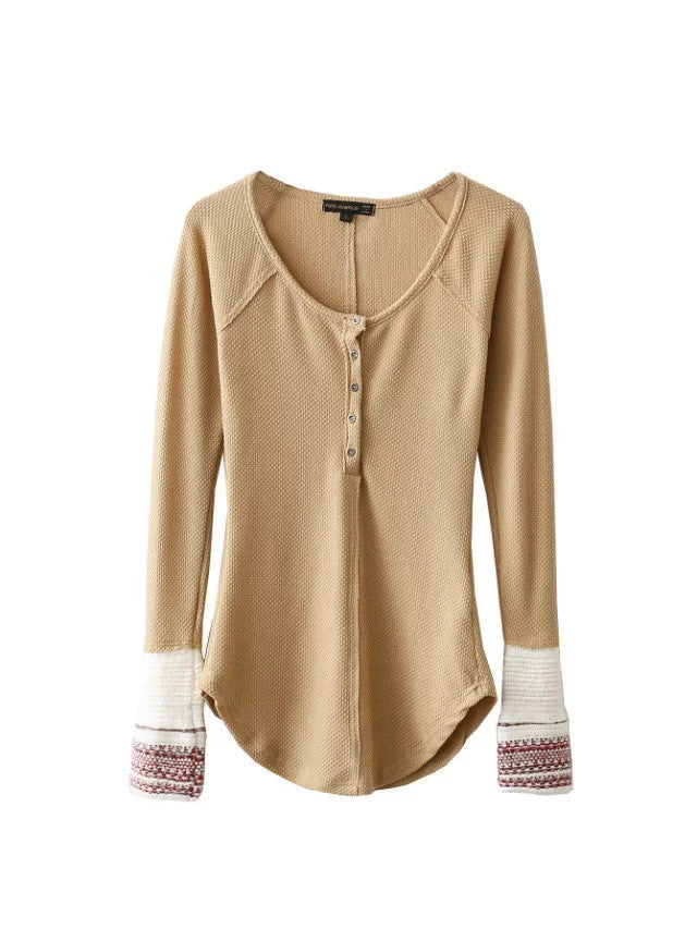 Cuff Decorative Buttons Knit Irregular Slim T-shirts
