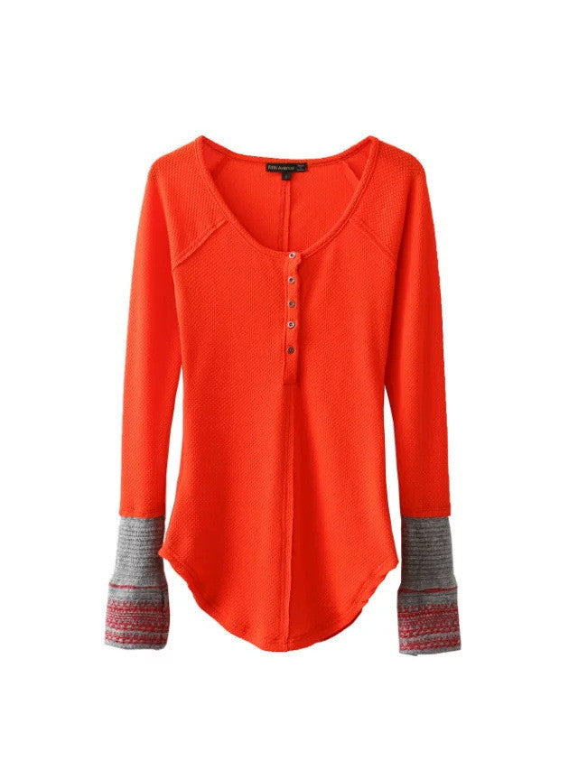 Cuff Decorative Buttons Knit Irregular Slim T-shirts