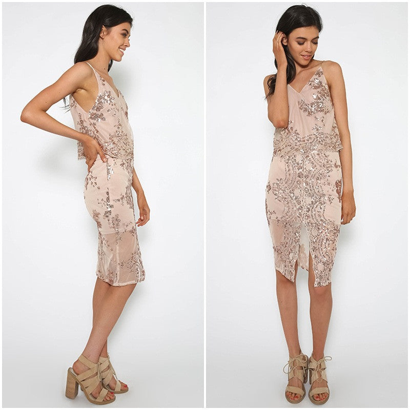 Sequins Mesh Front Split Knee-Length Slim Skirt