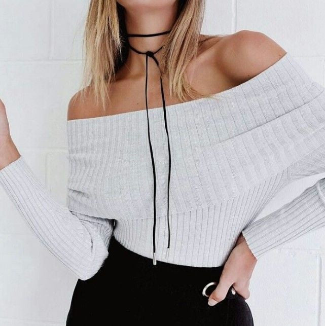 Sexy Off Shoulder Slim Ribbed Long Sleeve Knit Sweater