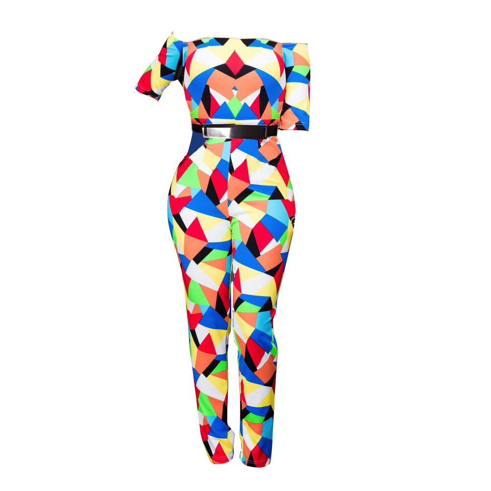 Off Shoulder Colorful Triangle Print Short Sleeve Long Jumpsuit