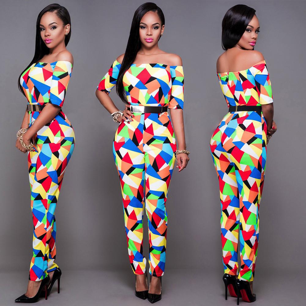 Off Shoulder Colorful Triangle Print Short Sleeve Long Jumpsuit