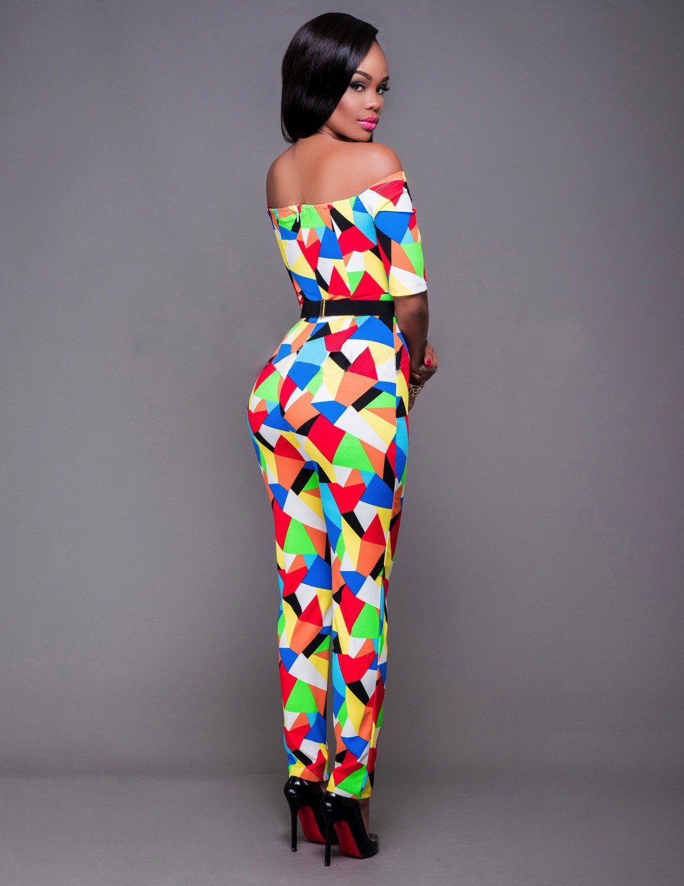 Off Shoulder Colorful Triangle Print Short Sleeve Long Jumpsuit