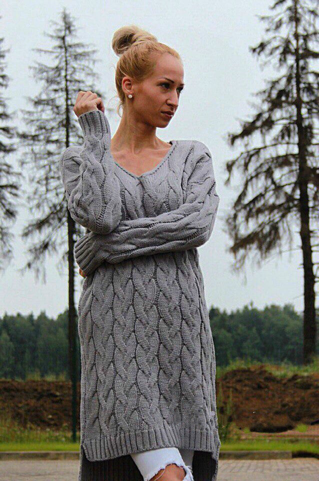 Fashion Dip Hem Braid Knitting Long Sweater