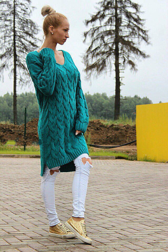 Fashion Dip Hem Braid Knitting Long Sweater
