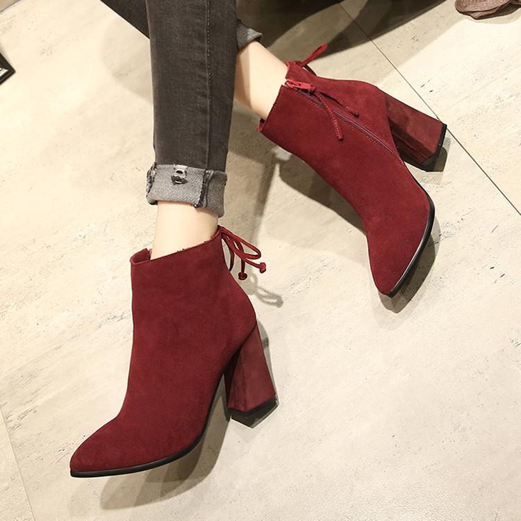 Pointed Toe Back Lace Up High Chunky Heels Short Boots
