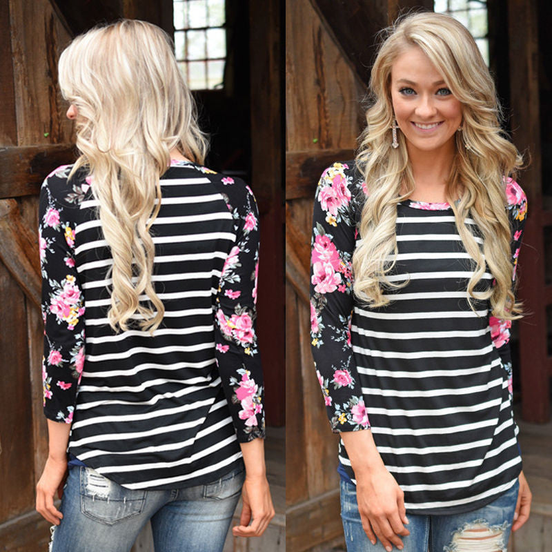 Floral Print Sleeve Stripe Patchwork Irregular Long Sleeve T-shirt