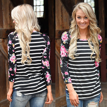 Floral Print Sleeve Stripe Patchwork Irregular Long Sleeve T-shirt