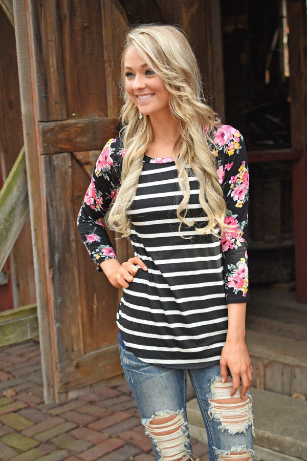 Floral Print Sleeve Stripe Patchwork Irregular Long Sleeve T-shirt