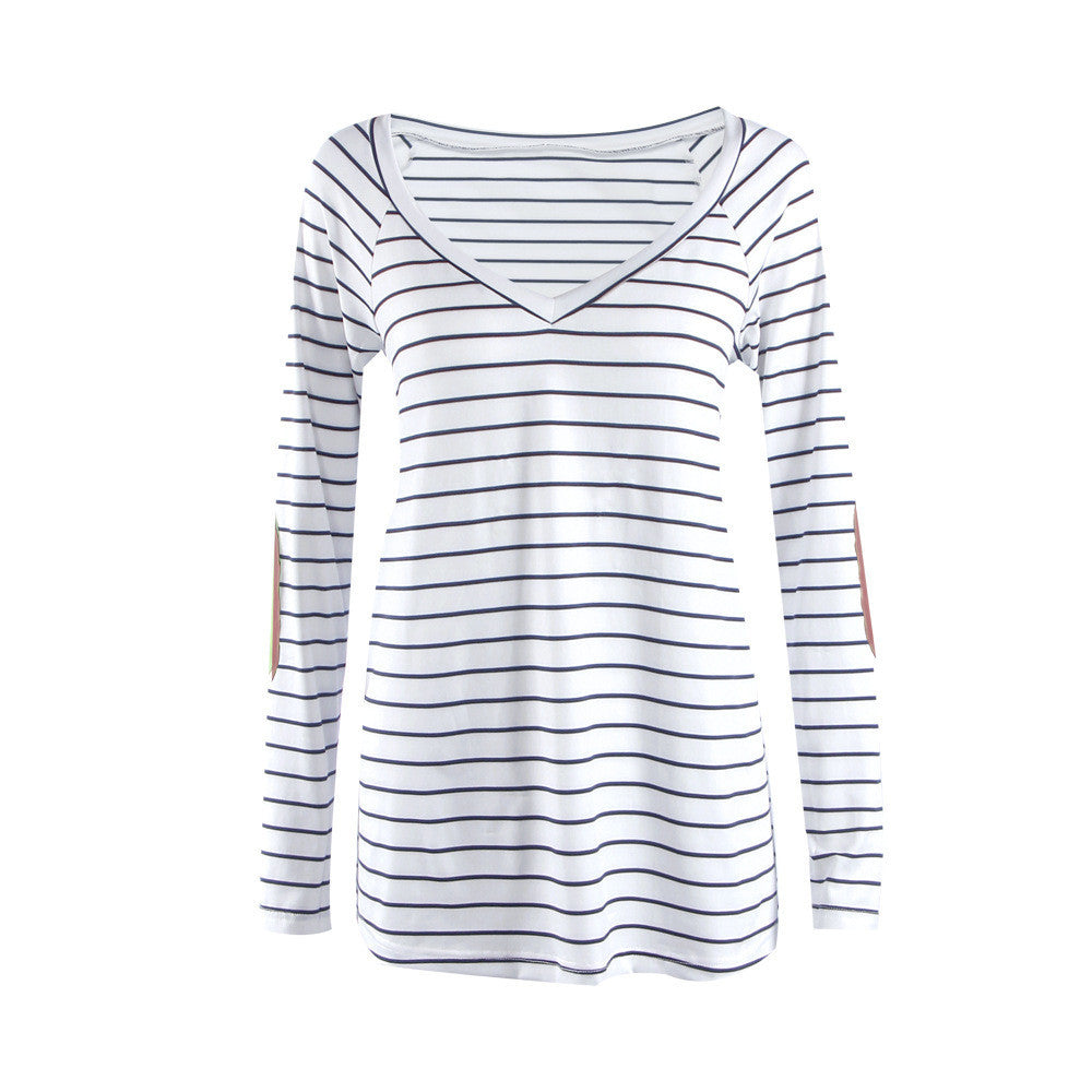 Fashion Stripe Print V Neck Long Sleeve Blouse