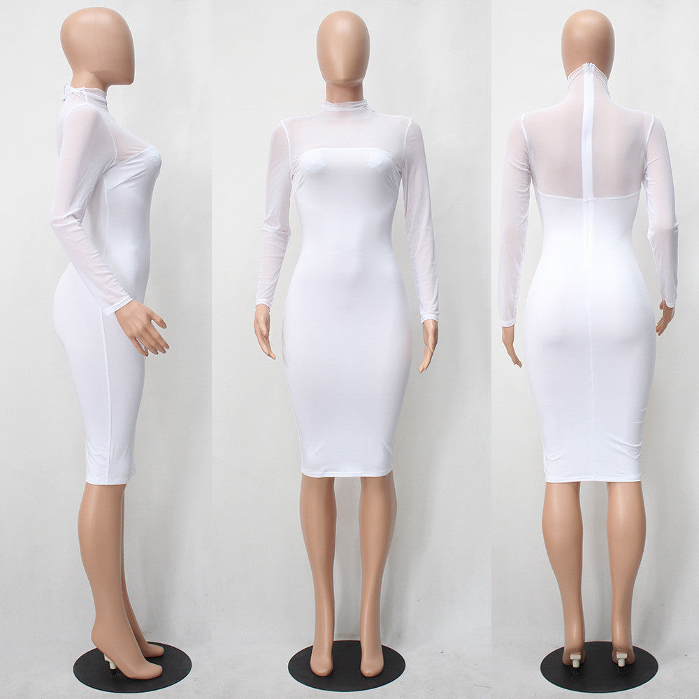 Sexy Long-Sleeved Perspective Bodycon Knee-length Dress