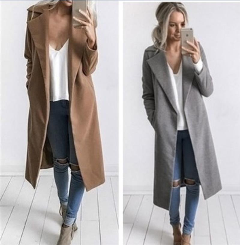 Lapel Collar Pockets Long Slim Woolen Coat