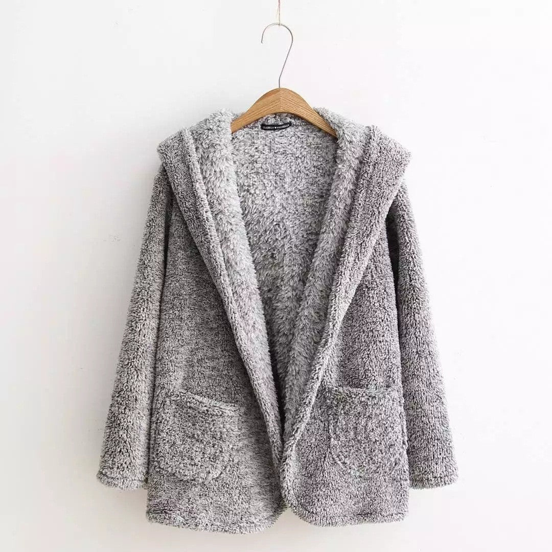 Fashion Hooded Pockets Gray Fur Cardigan