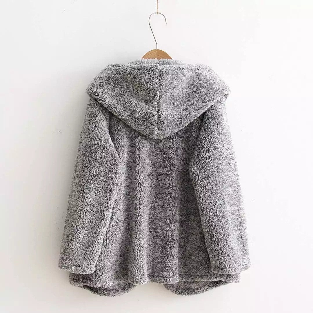 Fashion Hooded Pockets Gray Fur Cardigan