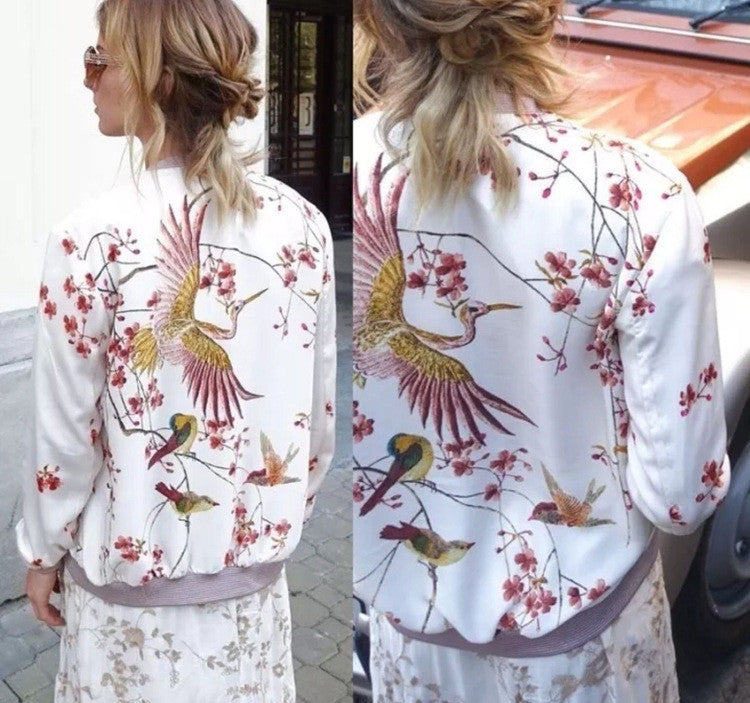 Fashion Cranes Begonia Printing White Short Jacket