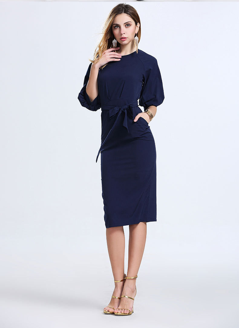 Royal Blue Office Knee-length Belt Dress