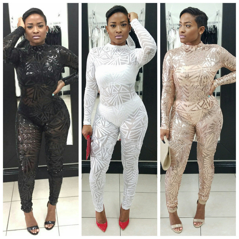 Sequins Long Sleeve High Neck See-Through Club Long Jumpsuit