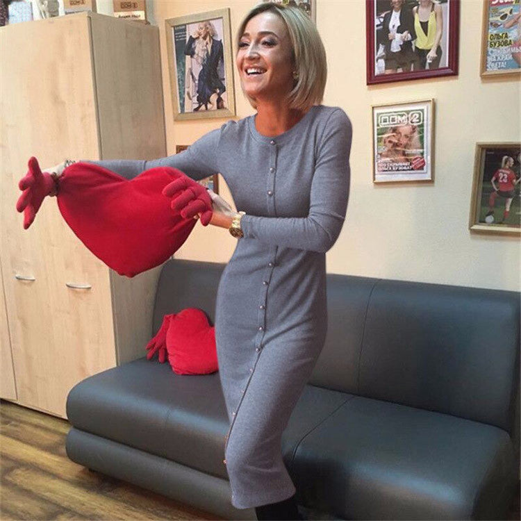 Fashion Button Decorate Long Sleeve Pure Color Long Knit Dress