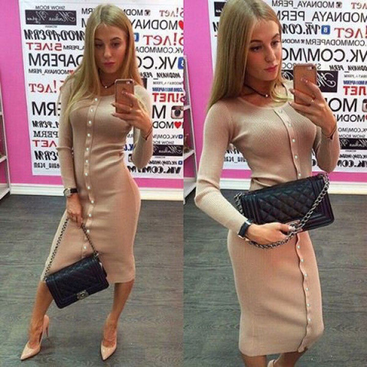 Fashion Button Decorate Long Sleeve Pure Color Long Knit Dress