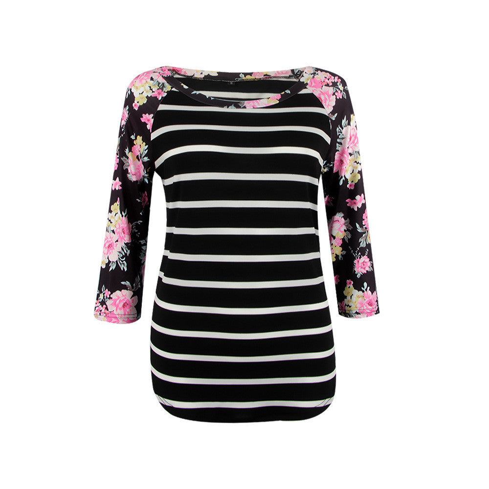 Floral Print Sleeve Stripe Patchwork Irregular Long Sleeve T-shirt