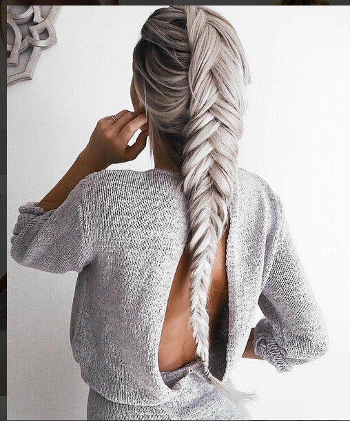 Casual Backless Drawstring Waist Knit Sweater Short Dress