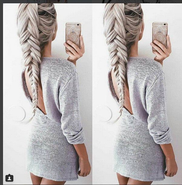 Casual Backless Drawstring Waist Knit Sweater Short Dress