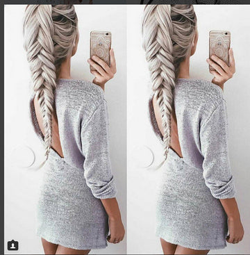 Casual Backless Drawstring Waist Knit Sweater Short Dress