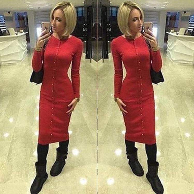 Fashion Button Decorate Long Sleeve Pure Color Long Knit Dress