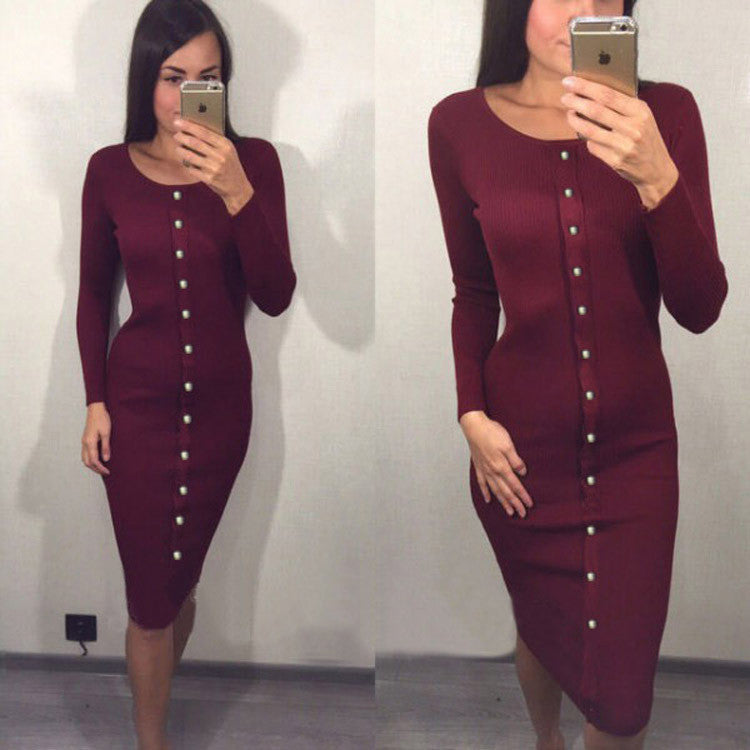 Fashion Button Decorate Long Sleeve Pure Color Long Knit Dress